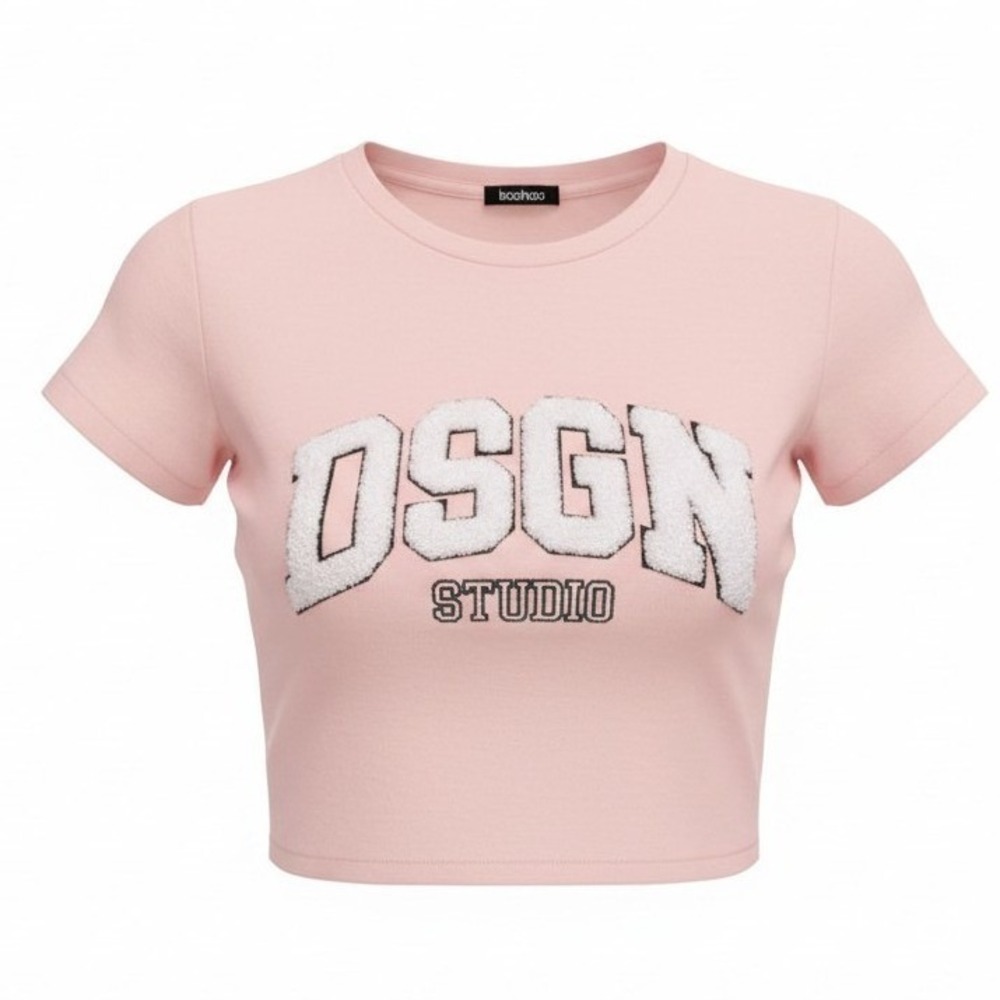 XS Baby Pink DSGN Studio Y2k Preppy Patch Crop Top‎ Short Sleeve Cotton